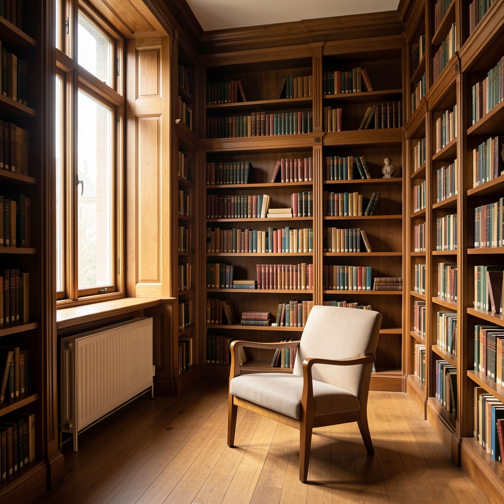 Interior of a quiet reading room with tall wooden bookshelves, warm diffused light from a wide window, and an empty reading chair facing the shelves, conveying scholarly contemplation and knowledge