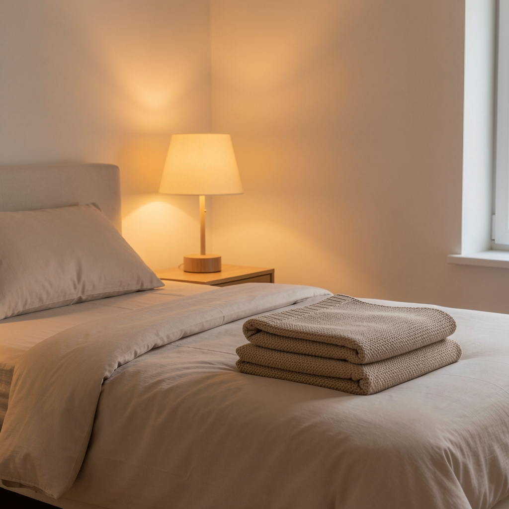 Warm amber light from a bedside lamp illuminating a neatly folded blanket on a bed in a minimalist bedroom, with soft shadows creating a sense of quiet and restful atmosphere