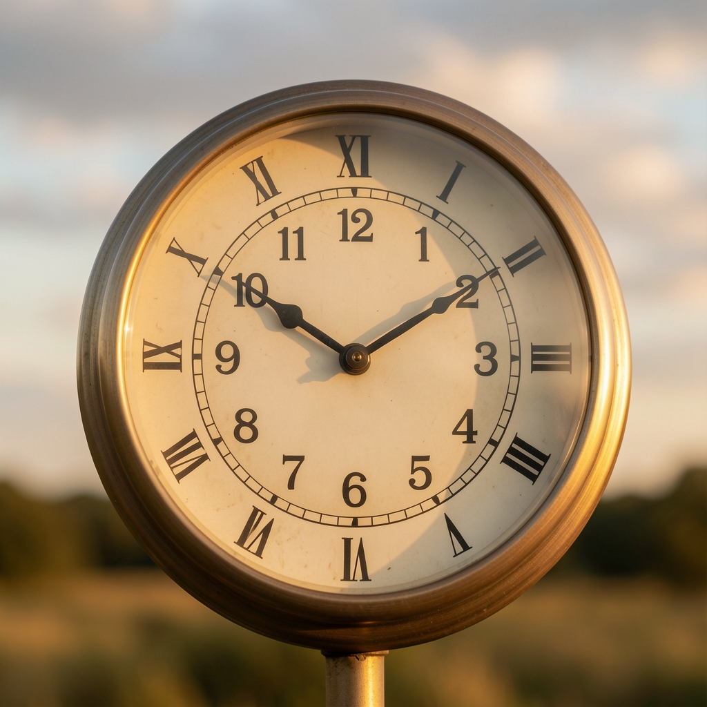 A softly lit analog clock face photographed against a blurred natural background of morning sky, symbolizing the measurement and passage of biological time