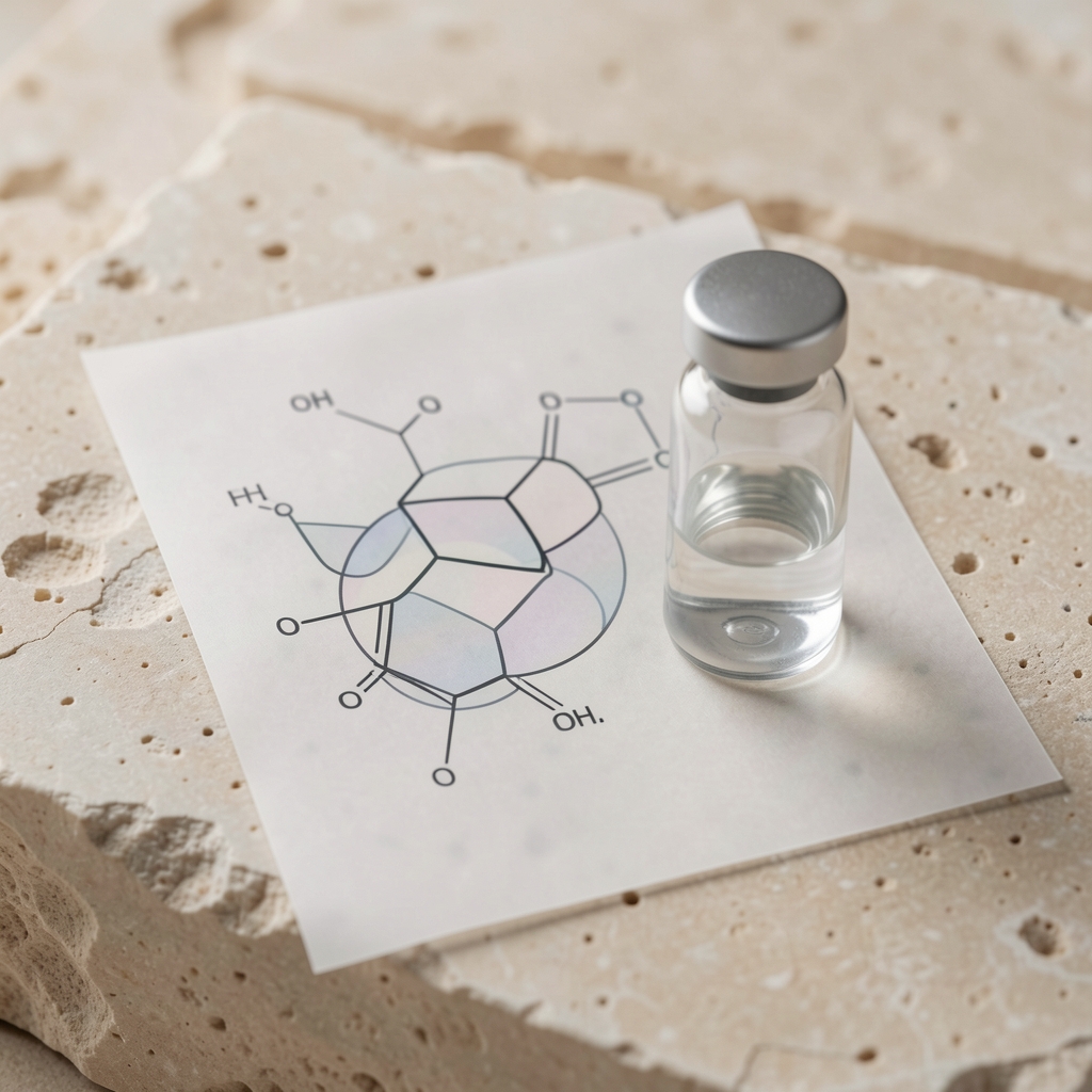 A glass vial and abstract diagram printed on translucent paper arranged on a light stone surface, representing hormonal research documentation in a clean, editorial still life