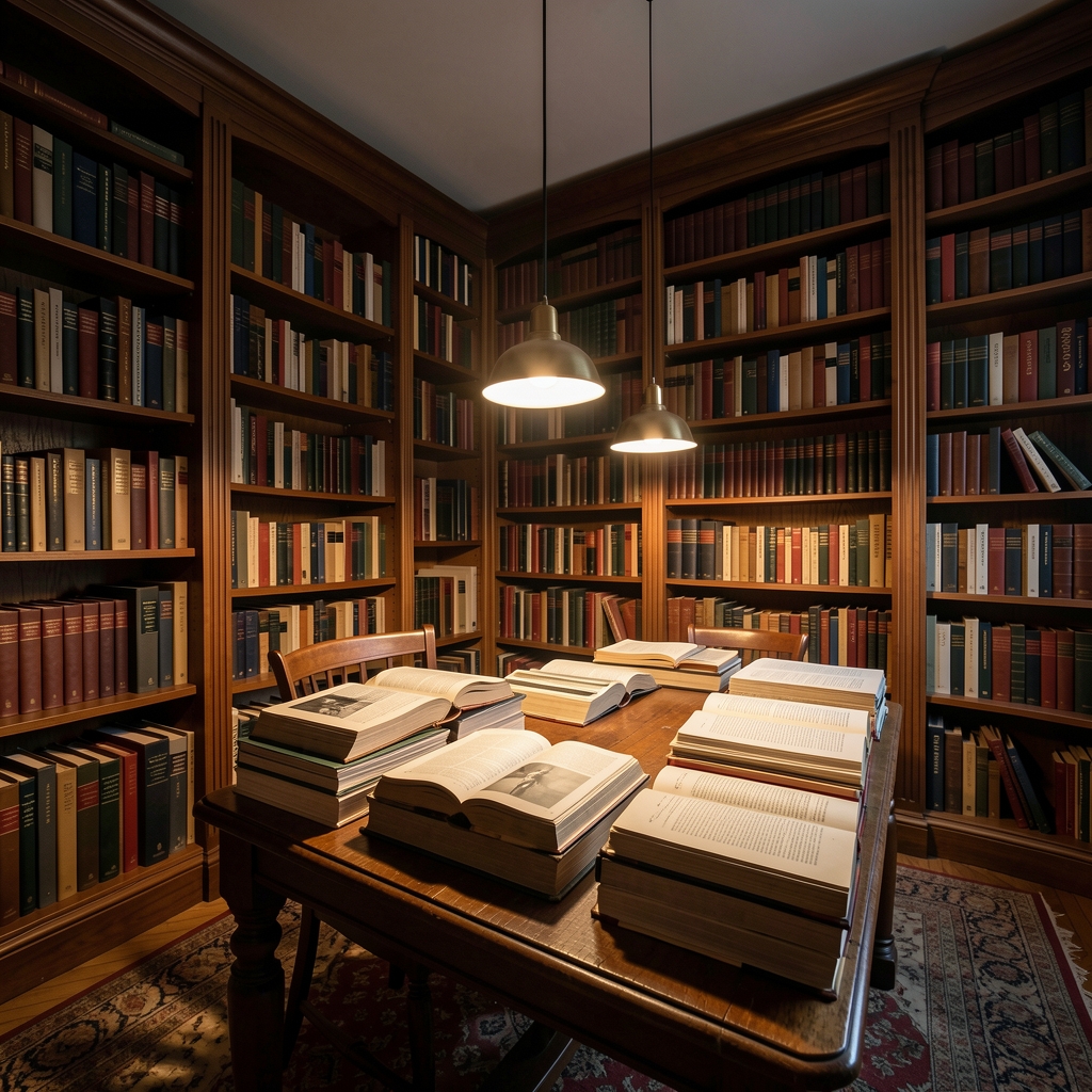 Wide angle view of a dim, warmly lit reading room with rows of filled bookshelves, a reading table lit by a single pendant lamp, and stacks of open reference volumes, conveying scholarly depth and quiet inquiry