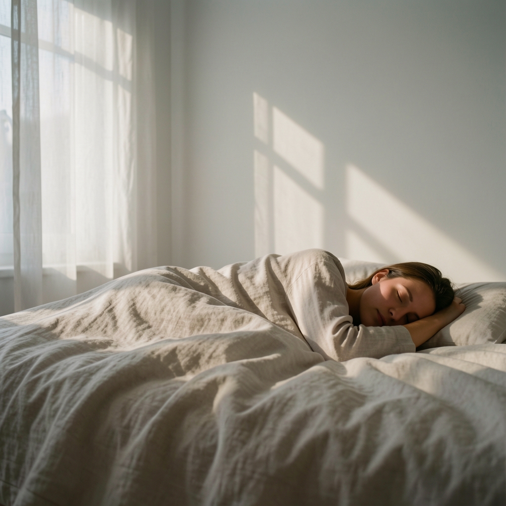 Soft focus photograph of a sleeping figure under a linen duvet in a minimalist room, moonlight through a sheer curtain casting gentle geometric shadows on the wall