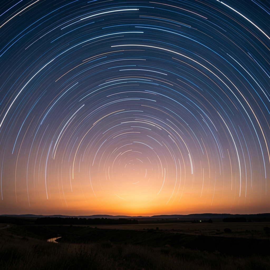 Time-lapse style photograph of a night sky transitioning to dawn, with concentric star trails above a dark landscape horizon, representing the continuous cycle of biological time