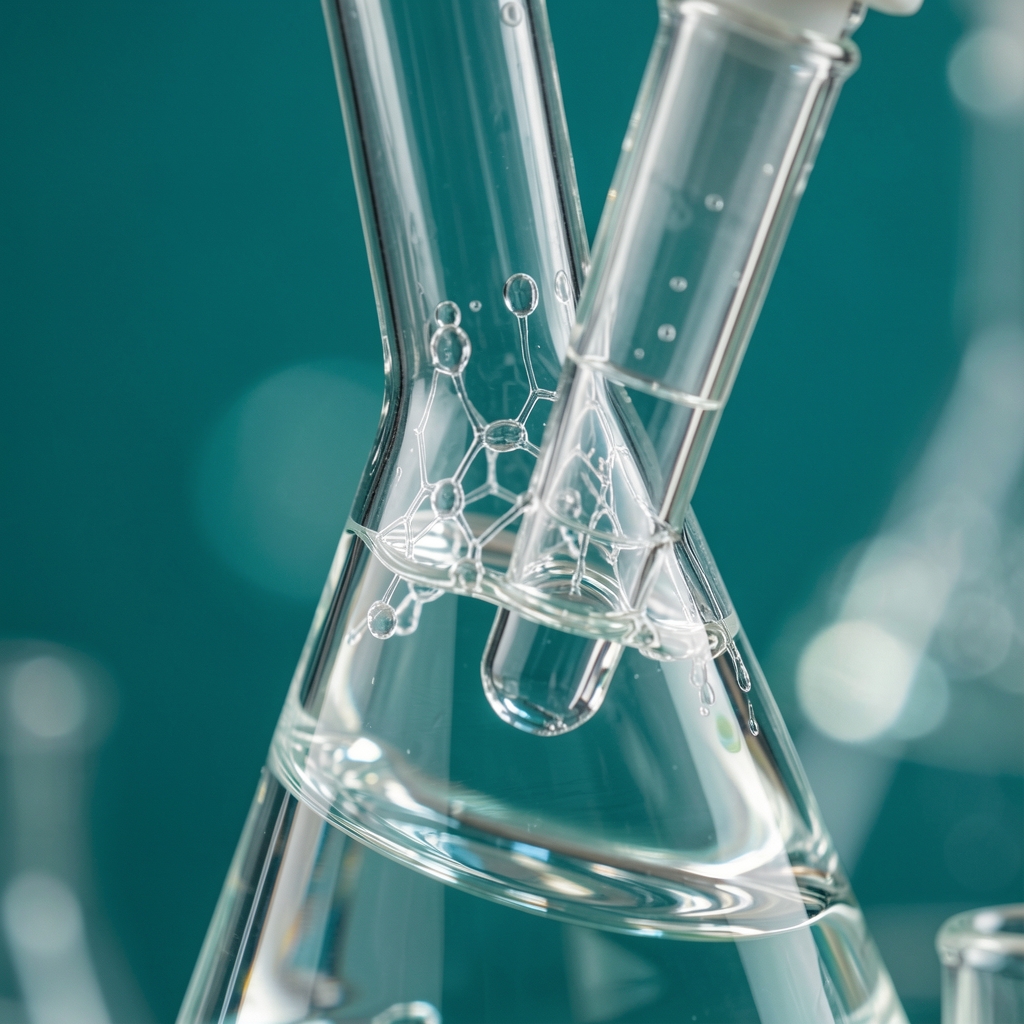Macro photograph of an abstract close-up of a glass scientific instrument against a blurred teal background, with crystalline light refractions suggesting precision research and biological complexity