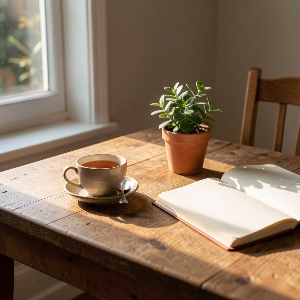 Early morning light streaming through sheer curtains onto a neatly made bed with linen pillows, the room bathed in soft golden tones and long shadows, conveying calm morning wakefulness and domestic serenity