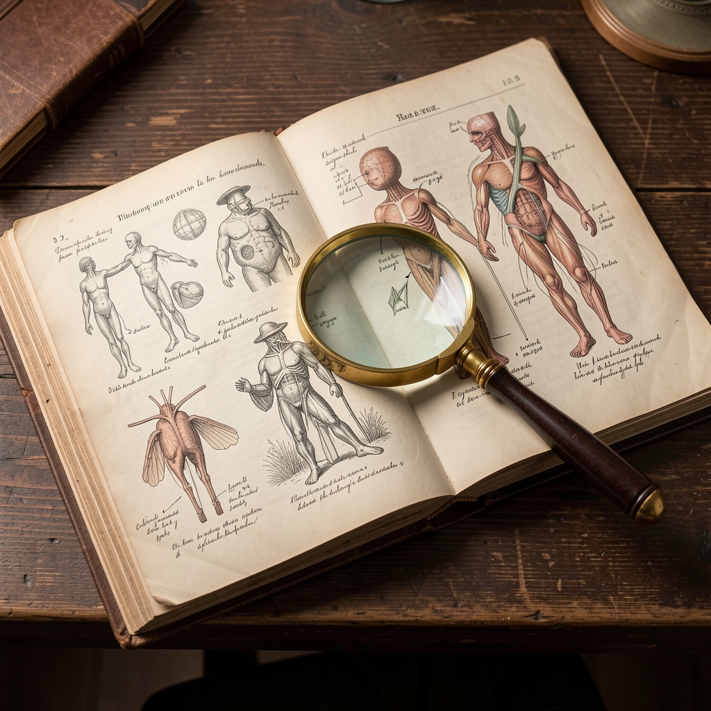 Old scientific illustration pages from a 19th century natural history journal spread open on a dark wooden desk, with a magnifying glass resting on anatomical diagrams and handwritten annotations