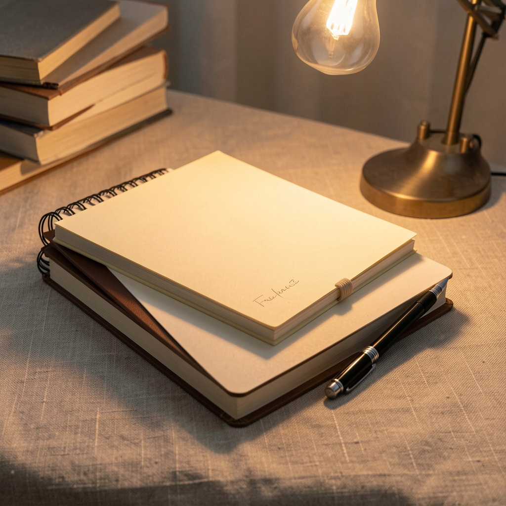 Stacked notebooks and a mechanical pencil on a linen textured desk surface under a pool of warm incandescent light, representing structured note-taking and research