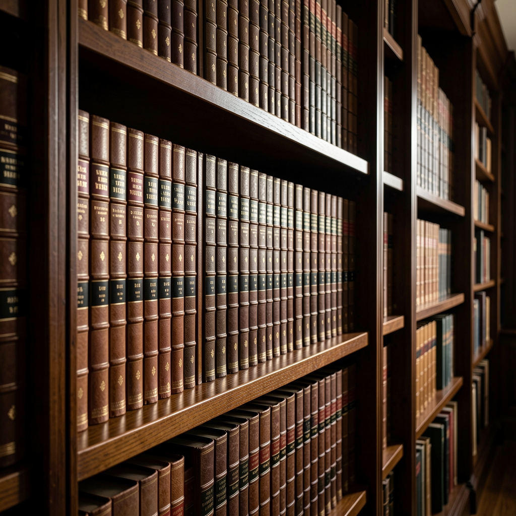 Rows of leather-bound reference volumes on dark wooden library shelves, photographed with dramatic side lighting that accentuates the spines and creates deep shadows