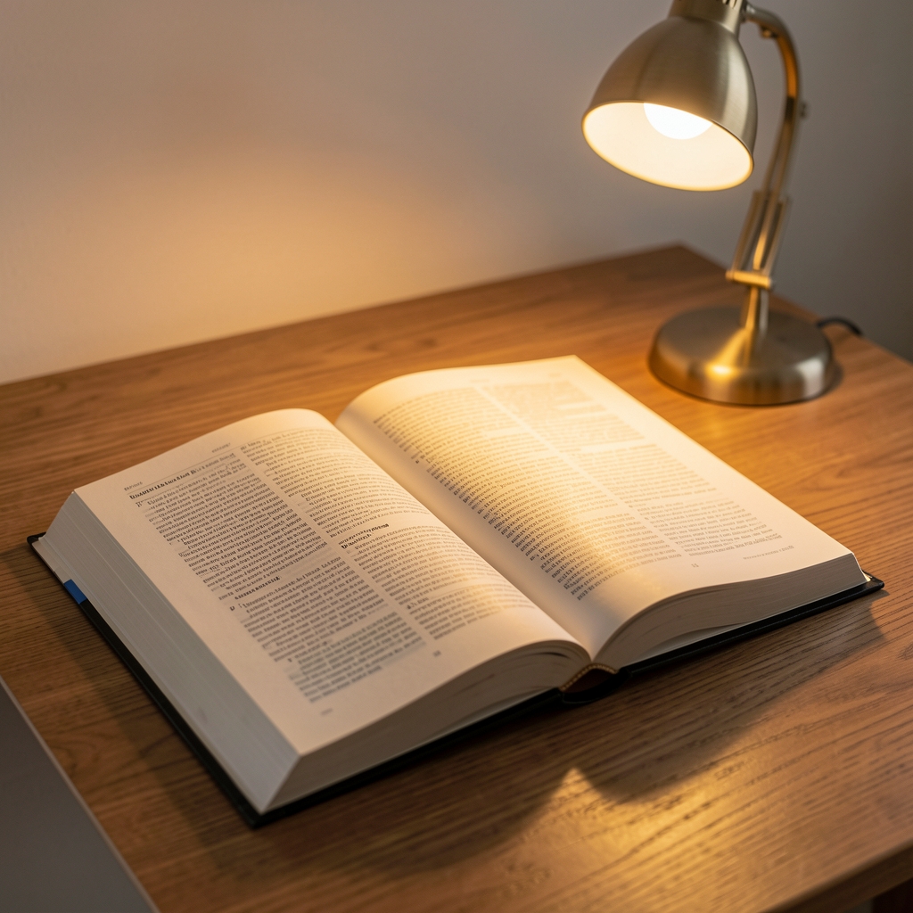 Open hardcover reference book resting on a wooden desk beside a small lamp casting warm golden light, pages spread to a chapter on biological sciences, photographed with shallow depth of field