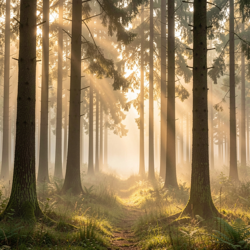 Tranquil forest landscape at dawn with soft golden light filtering through tall trees and a misty ground, evoking stillness and natural rhythm