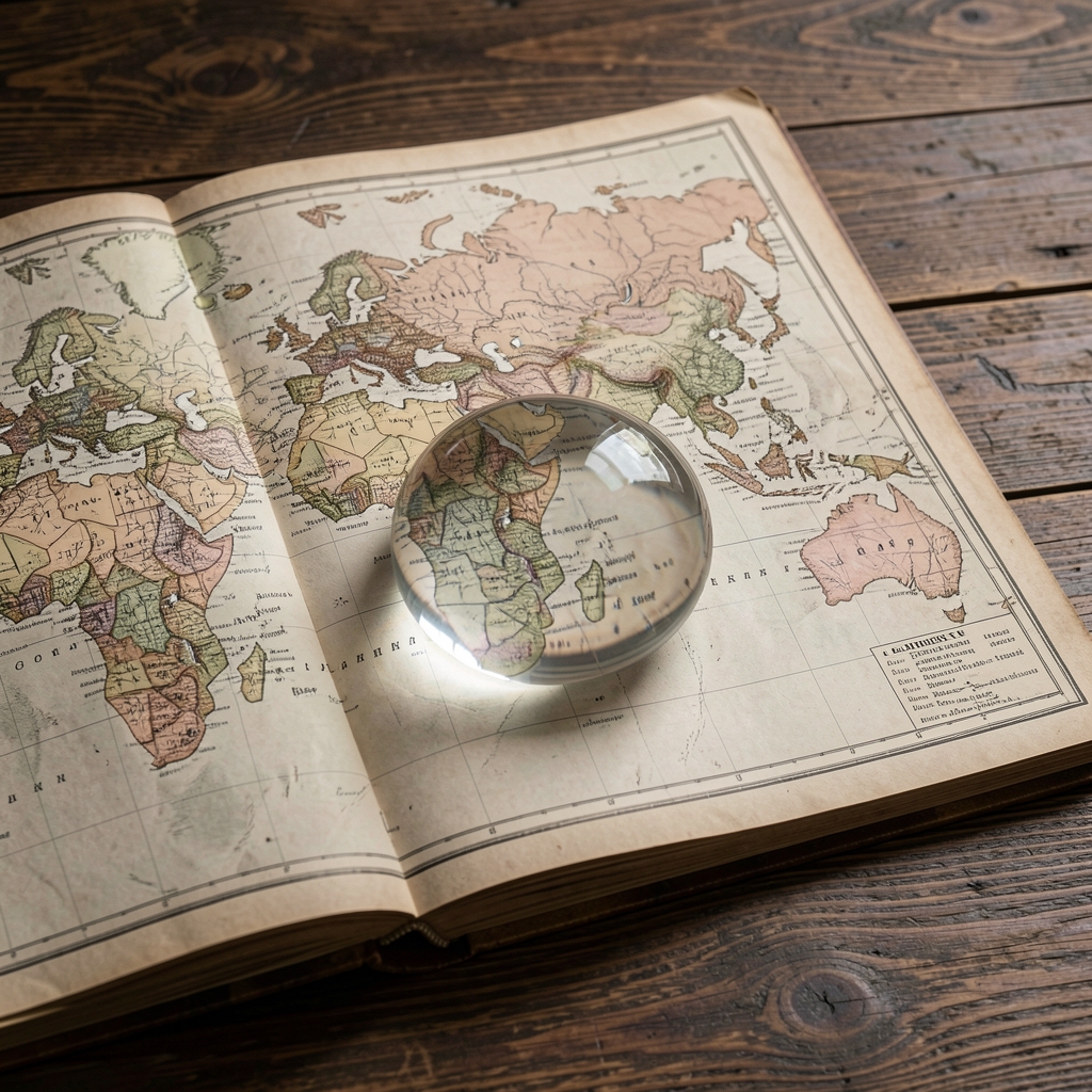 A vintage world atlas opened to detailed hand-drawn cartographic maps, resting on a dark oak table, with a glass paperweight casting a circle of magnified text