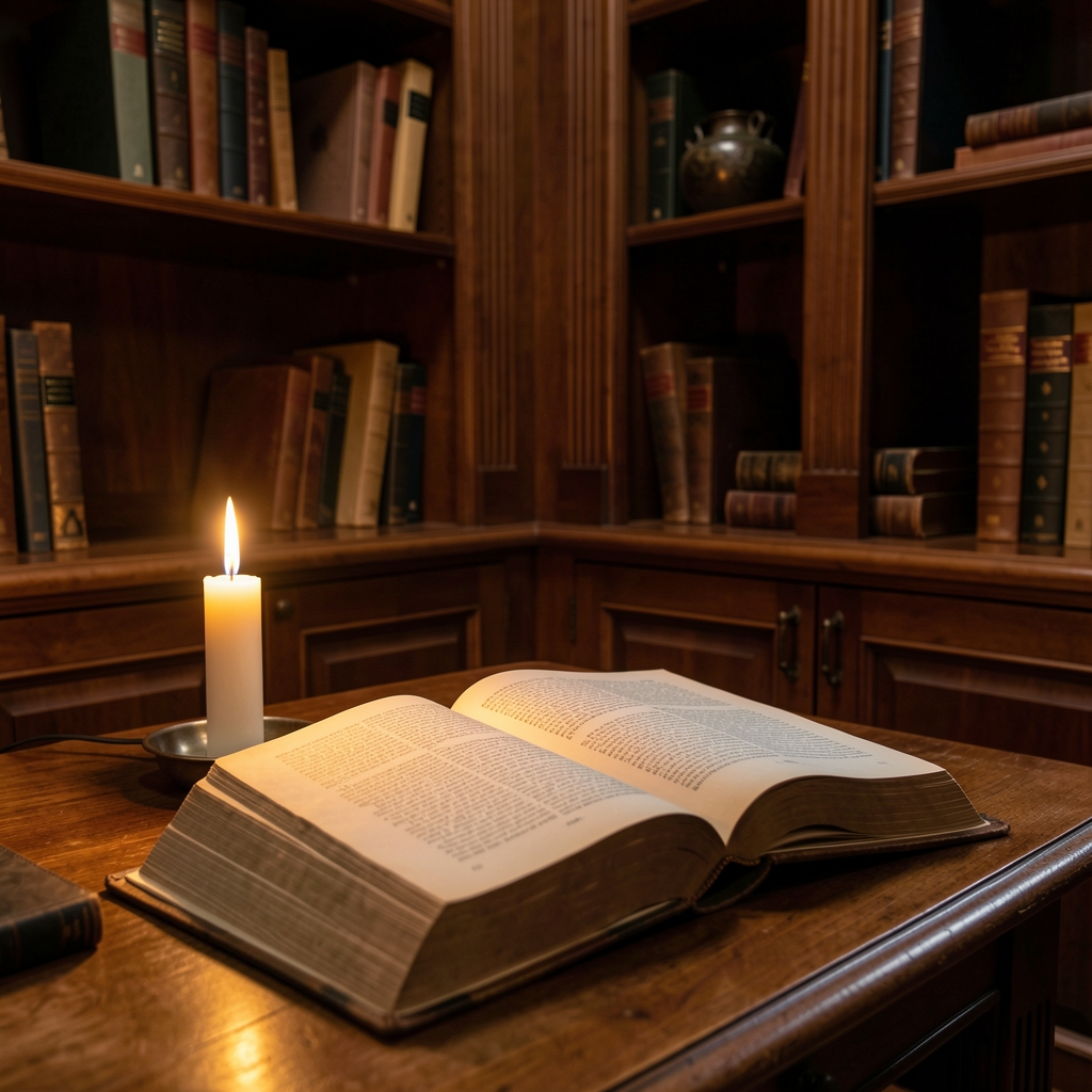 Candlelit reading nook with a thick open book, dark mahogany shelving in the background and soft amber light creating a contemplative, scholarly atmosphere