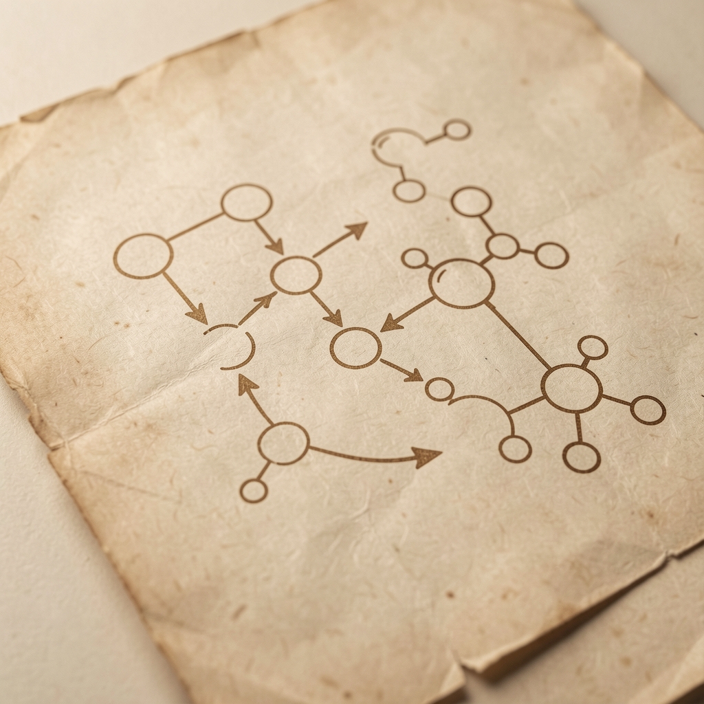 Close-up of a minimalist scientific diagram on aged paper showing abstract metabolic pathway arrows and molecular node shapes, rendered in sepia tones with precise linework
