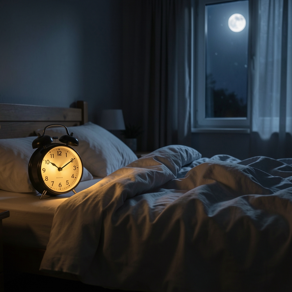 Dimly lit bedroom at night with an alarm clock glowing showing 3am, rumpled sheets, and a faint window casting moonlight, symbolizing disrupted or insufficient sleep