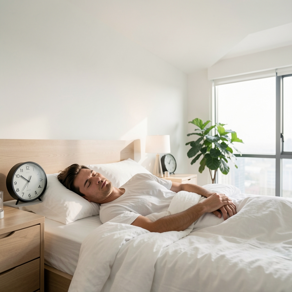 Person lying awake in a bright modern bedroom looking at a ceiling, with a clock on a nightstand visible, conveying the feeling of restlessness and irregular sleep timing