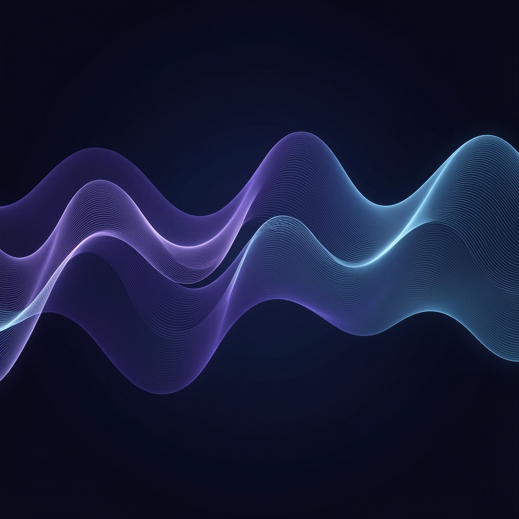 Abstract visualization of human sleep cycle phases shown as undulating wave patterns in deep indigo and soft blue against a dark background, representing REM and NREM stages